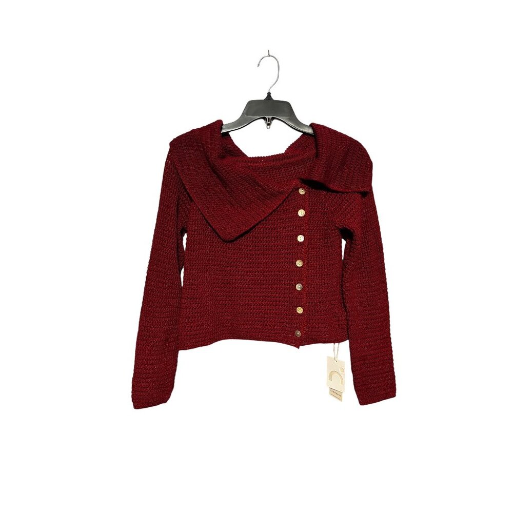 Commense Burgundy Knit Sweater Asymmetric Button Folded Collar Women's Medium - Picture 4 of 10